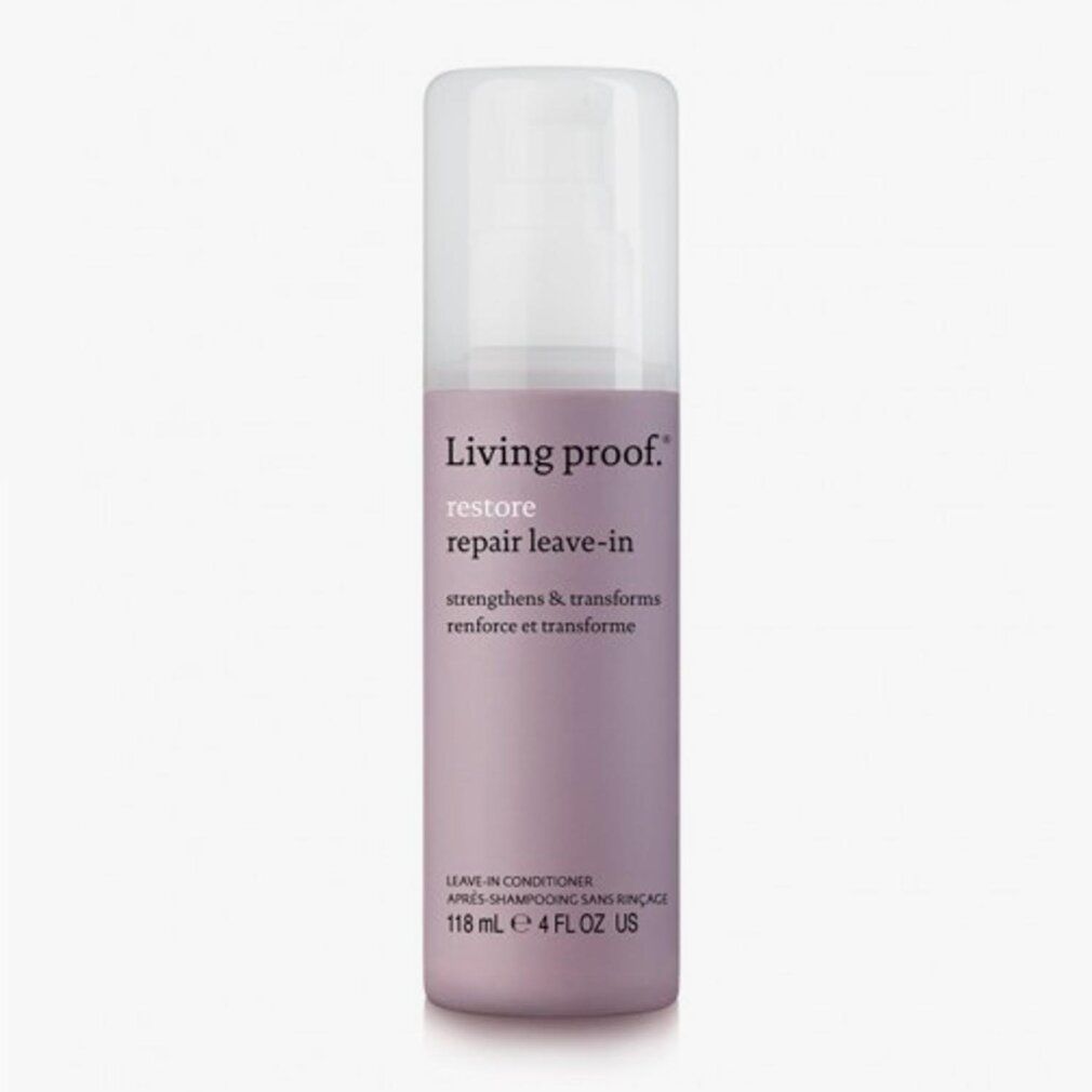 Flacone con etichetta del prodotto. Scritto: Living Proof Restore Repair Leave-in. Contenuto: 118 ml.