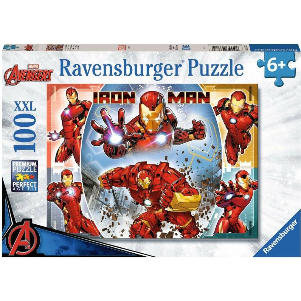 Scatola puzzle con Iron Man. Contiene 100 pezzi. Marchio Ravensburger. Età 6+. Logo Marvel Avengers.