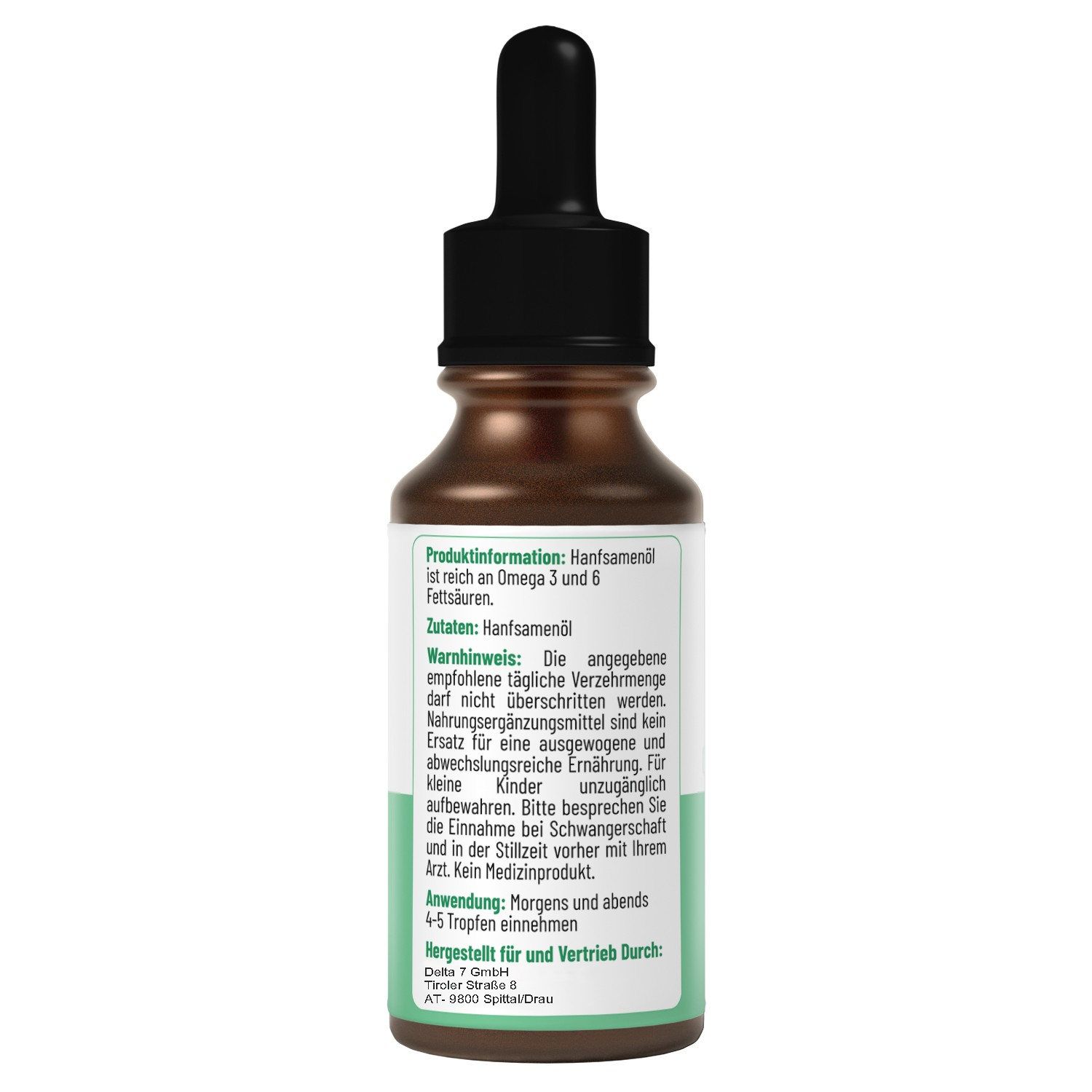 Retro di un flacone di vetro marrone con contagocce nero. Etichetta con testo: Informazioni sul prodotto, avvertenza, utilizzo. Sfondo verde.