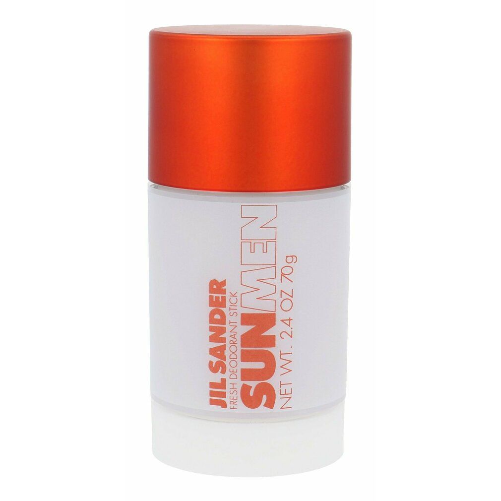 Stick deodorante con tappo arancione. Scritta: Jil Sander Sun Men, Fresh Deodorant Stick, 2.4 OZ 70g.