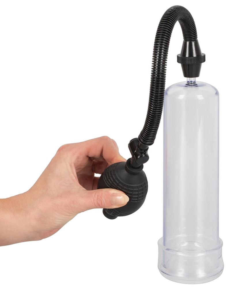 Mano che tiene la pompa a forma di pera. Cilindro trasparente collegato con un tubo nero. Il cilindro ha una base.