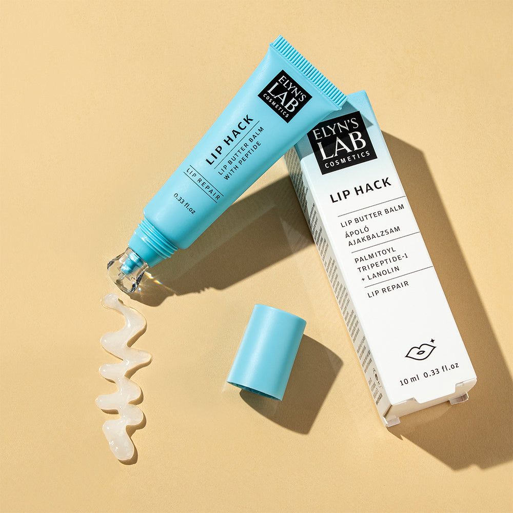 Balsamo labbra ELYN'S LAB Lip Hack con texture applicata, tubo e confezione.