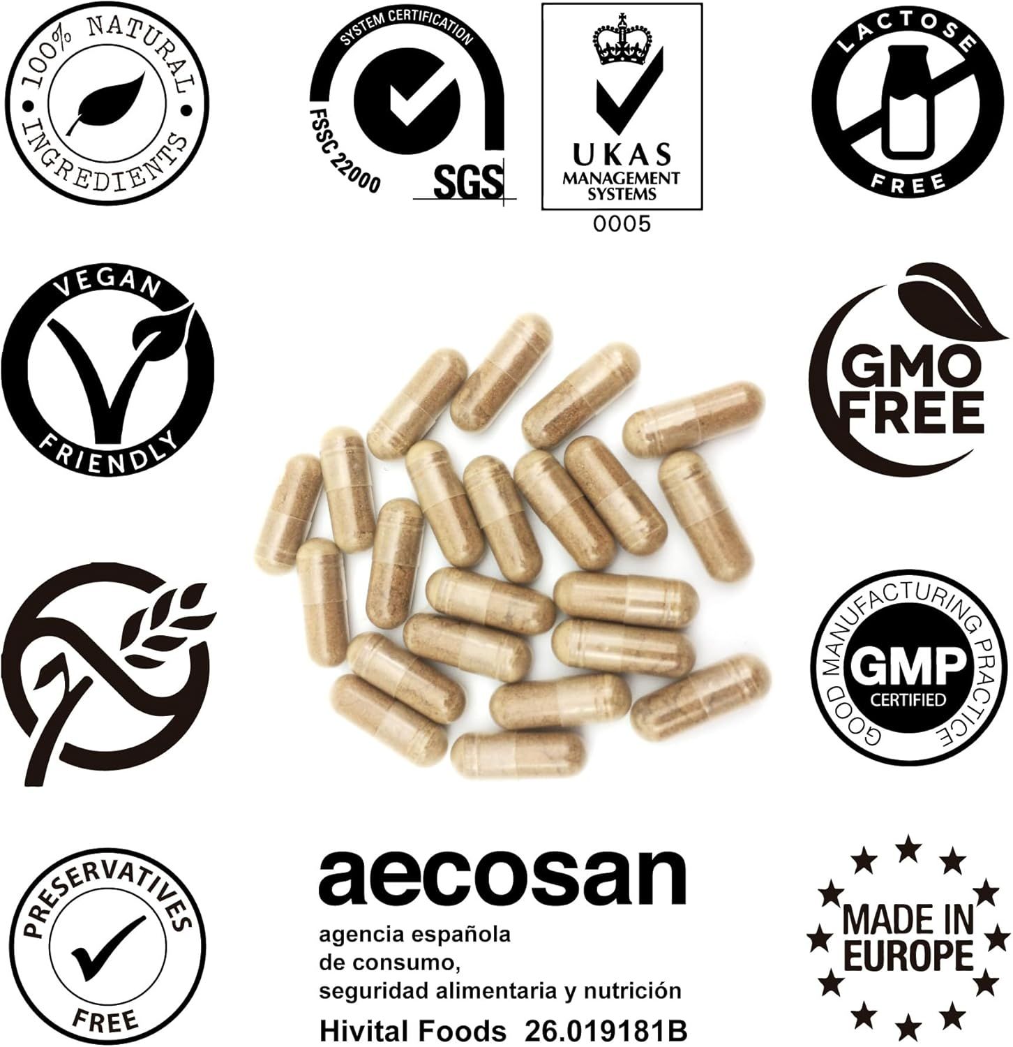 Capsule marroni su sfondo bianco. Loghi: Vegan, senza OGM, SGS, UKAS, senza lattosio, 100% naturale, senza conservanti, Made in Europe.