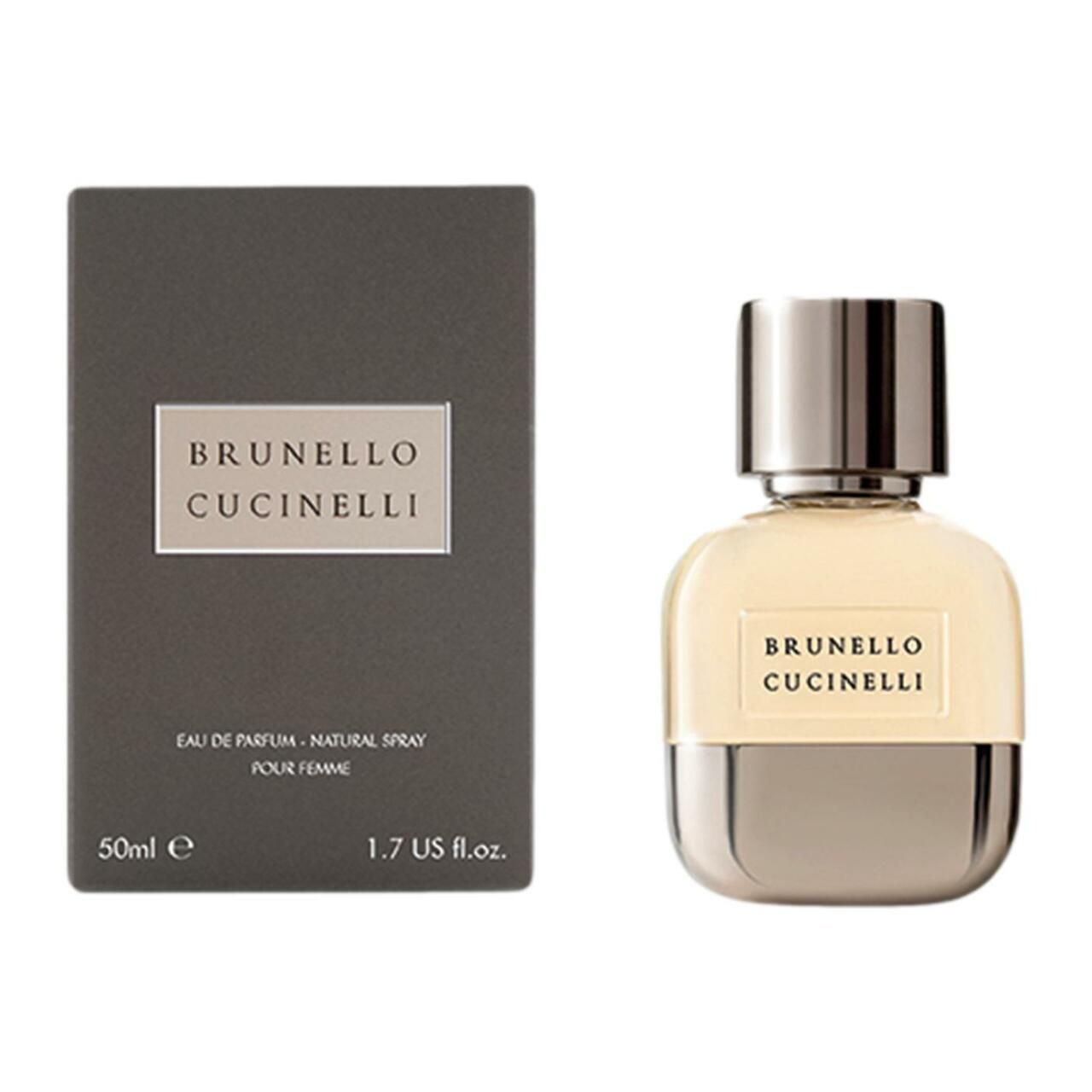 Flacone di profumo e confezione. Scritta: Brunello Cucinelli. Testo: Eau de Parfum, Natural Spray, Pour Femme.