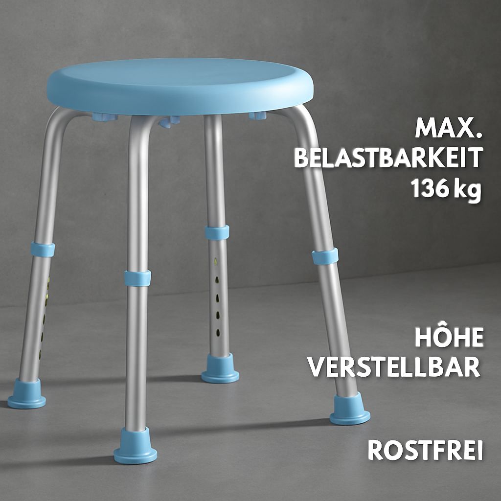 Sgabello doccia, blu e argento. Capacità max. 136 kg. Regolabile in altezza, inossidabile.