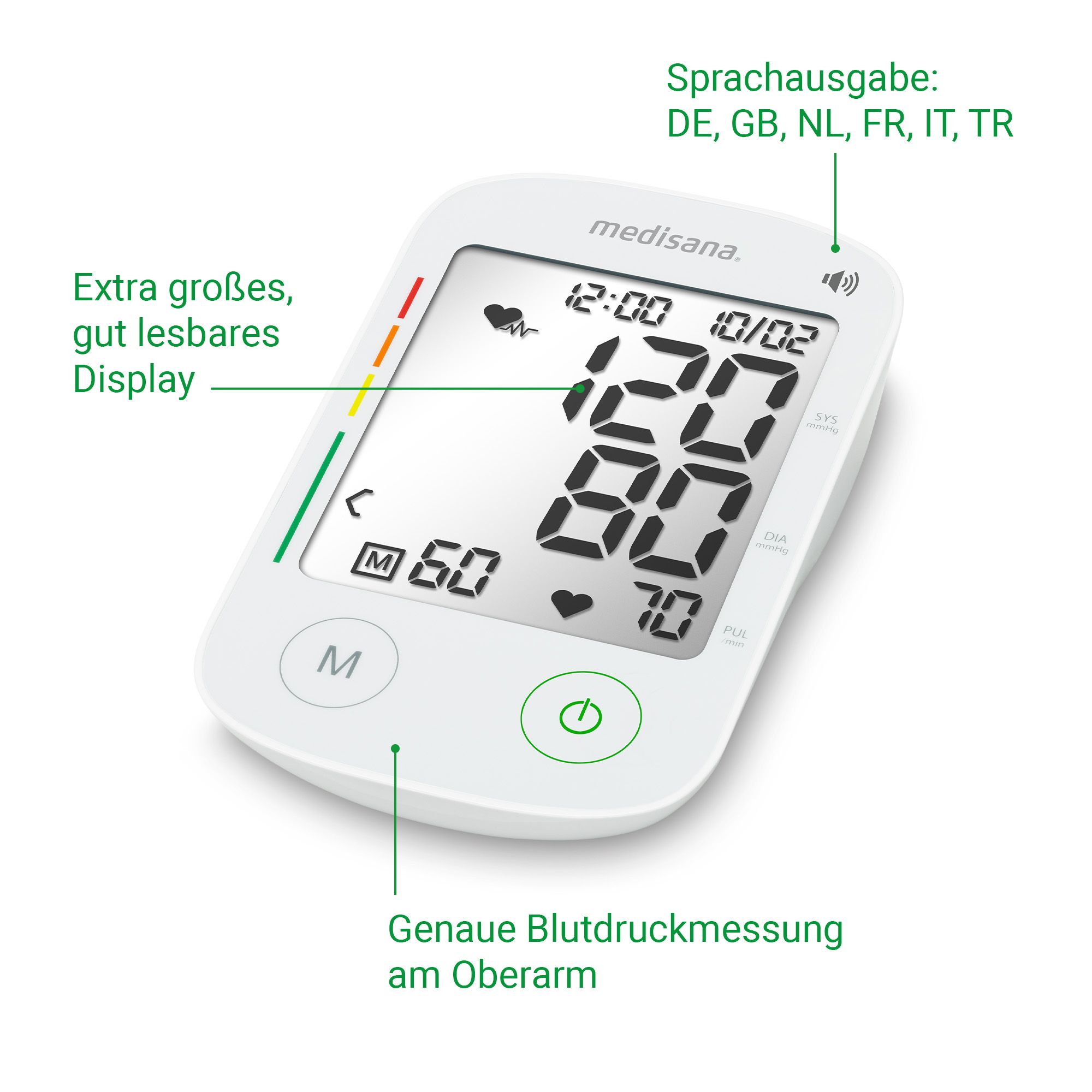 Misuratore pressione Medisana con ampio display, scala colorata e uscita vocale.