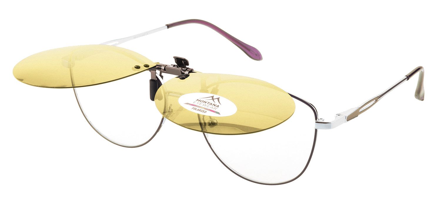 Occhiali da sole con lenti gialle e clip-on. Logo Montana Eyewear. Aste degli occhiali.