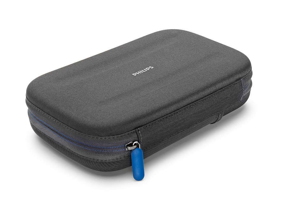Custodia da viaggio grigia con cerniera e tiretto blu. Logo Philips in alto.