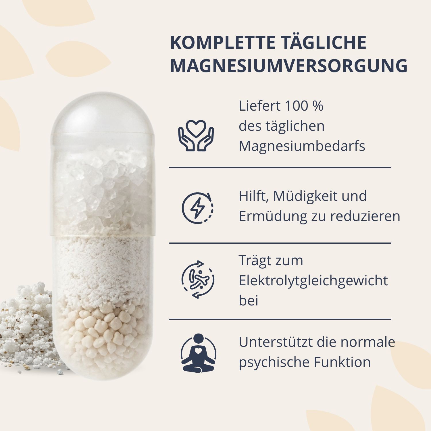 Capsula trasparente riempita di granuli di magnesio, con una piccola pila di polvere di magnesio accanto.