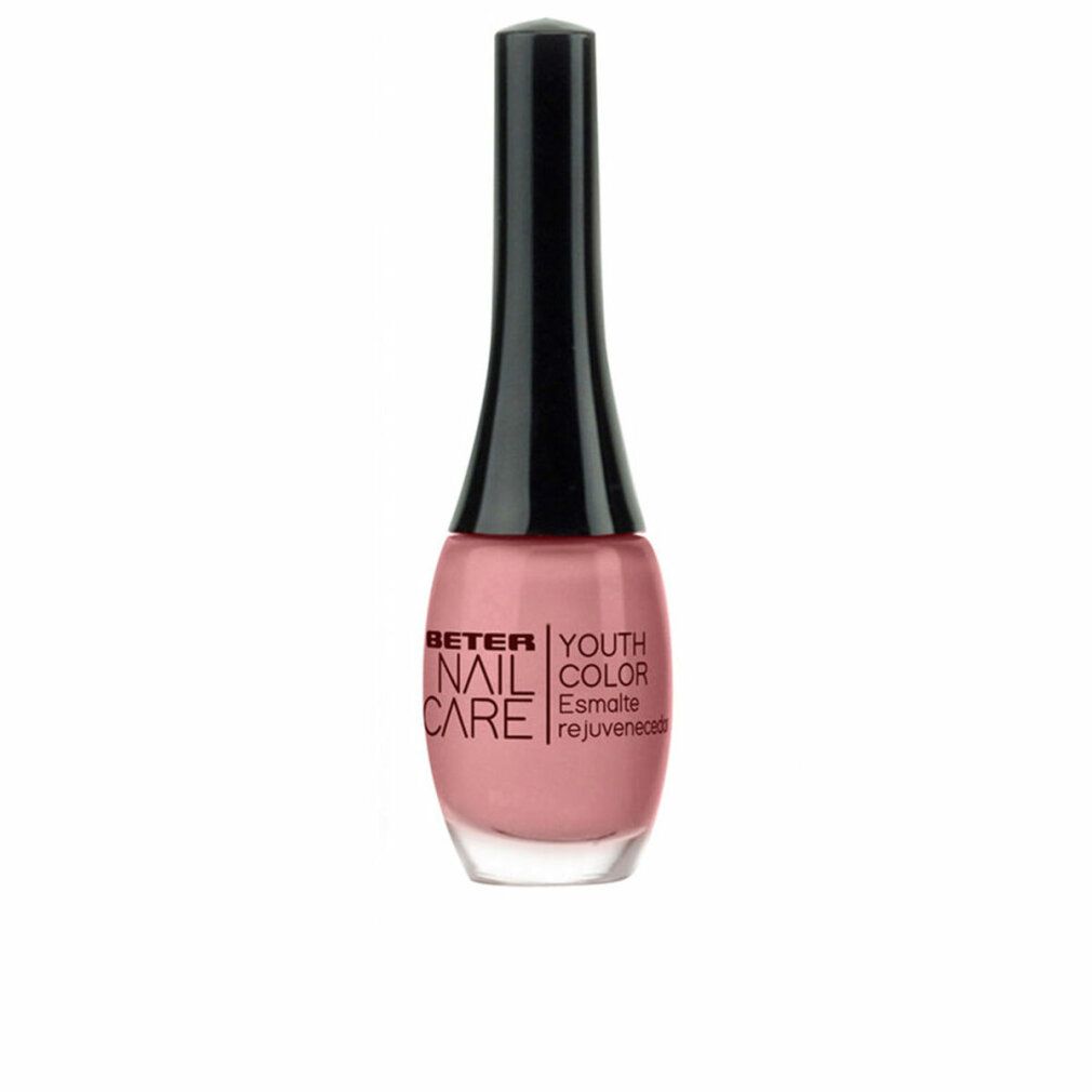 Flacone di smalto con tappo nero. Scritta: Beter Nail Care Youth Color. Colore: Taupe Rose. Sigillo vegano.
