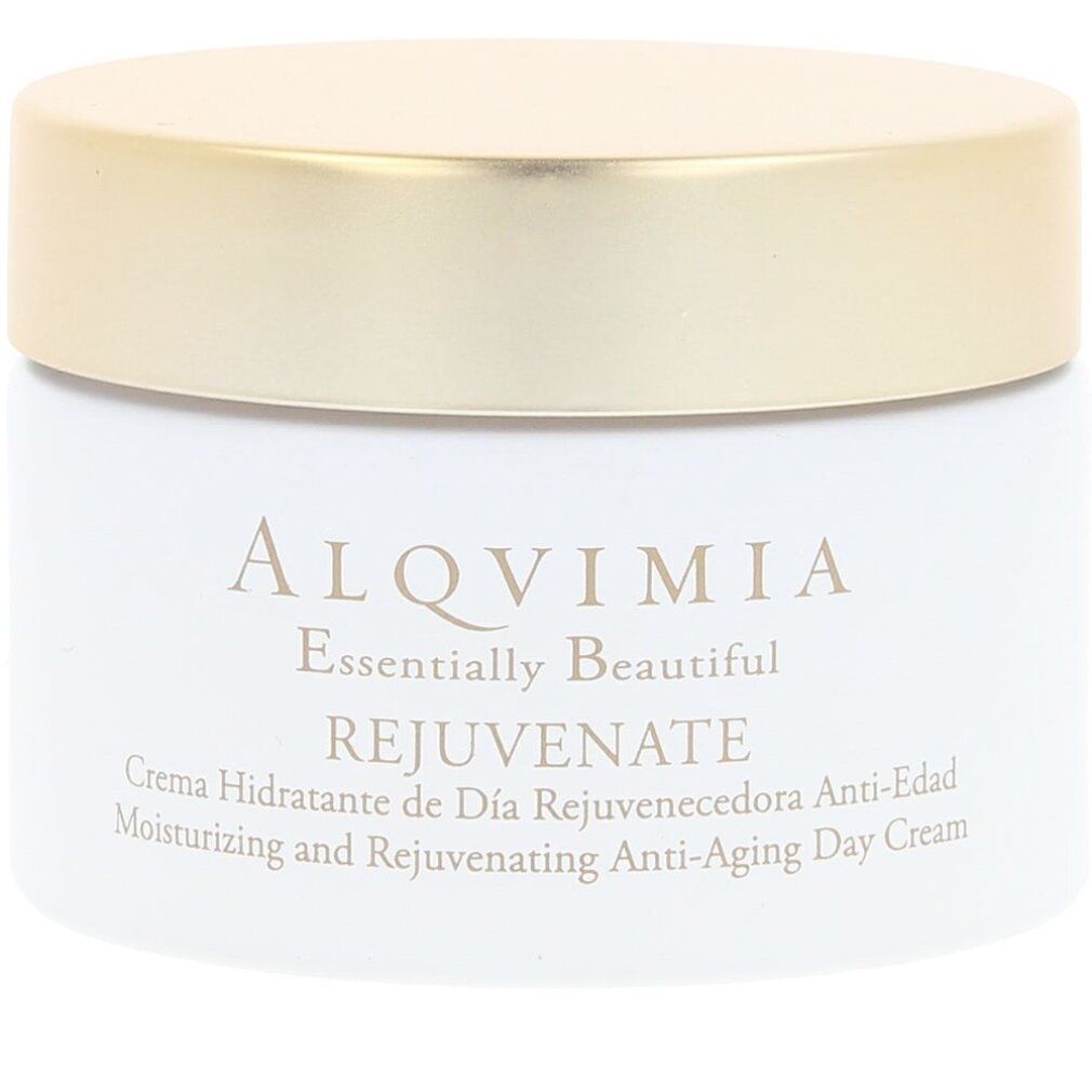 Vasetto bianco con coperchio dorato. Scritta: ALQVIMIA, REJUVENATE. Testo: Creme Hidratante de Día Rejuvenecedora Anti-Edad, Moisturizing and Rejuvenating Anti-Aging Day Cream.