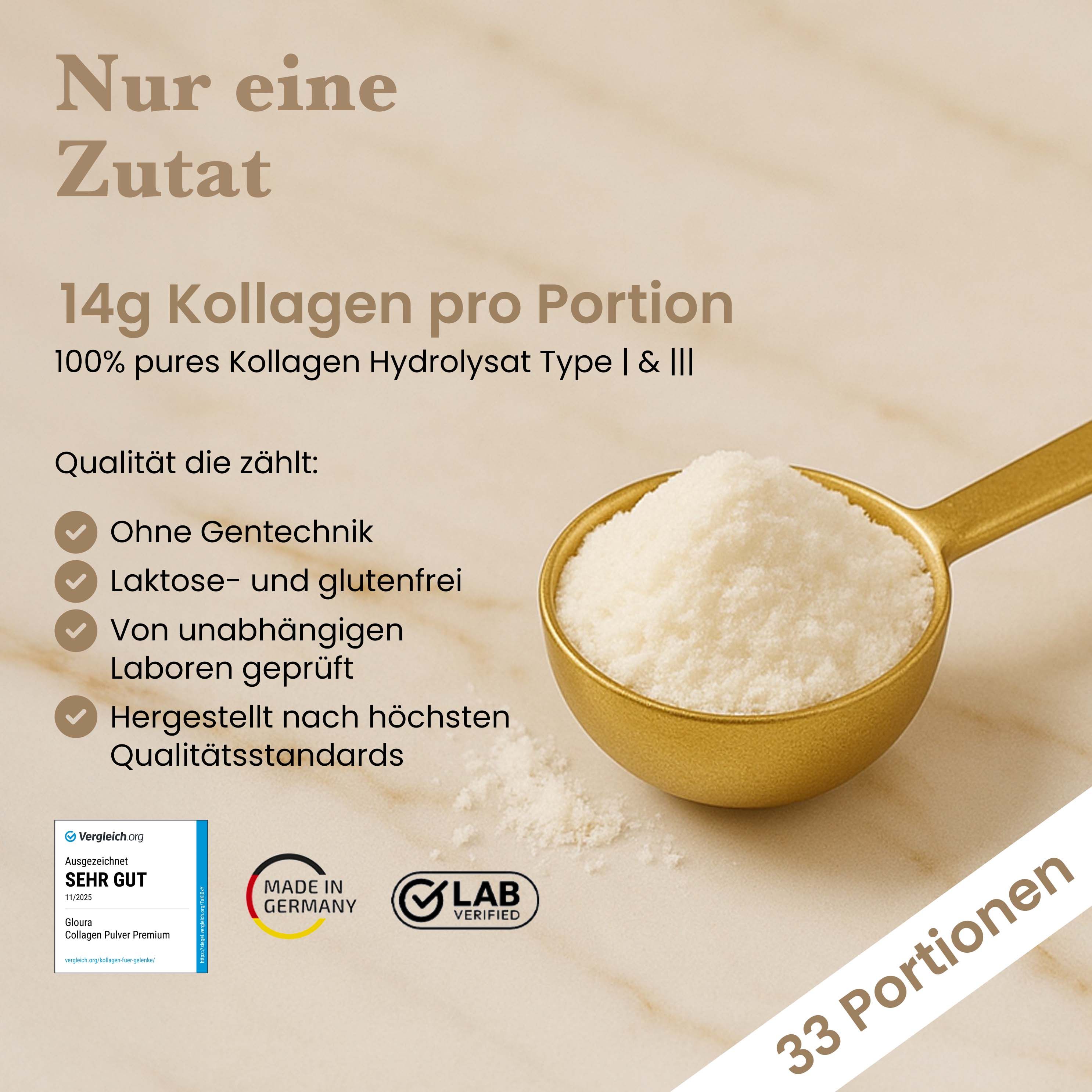 Cucchiaio dorato con polvere. Testo: 14g di collagene per porzione. Senza OGM, senza lattosio e senza glutine.