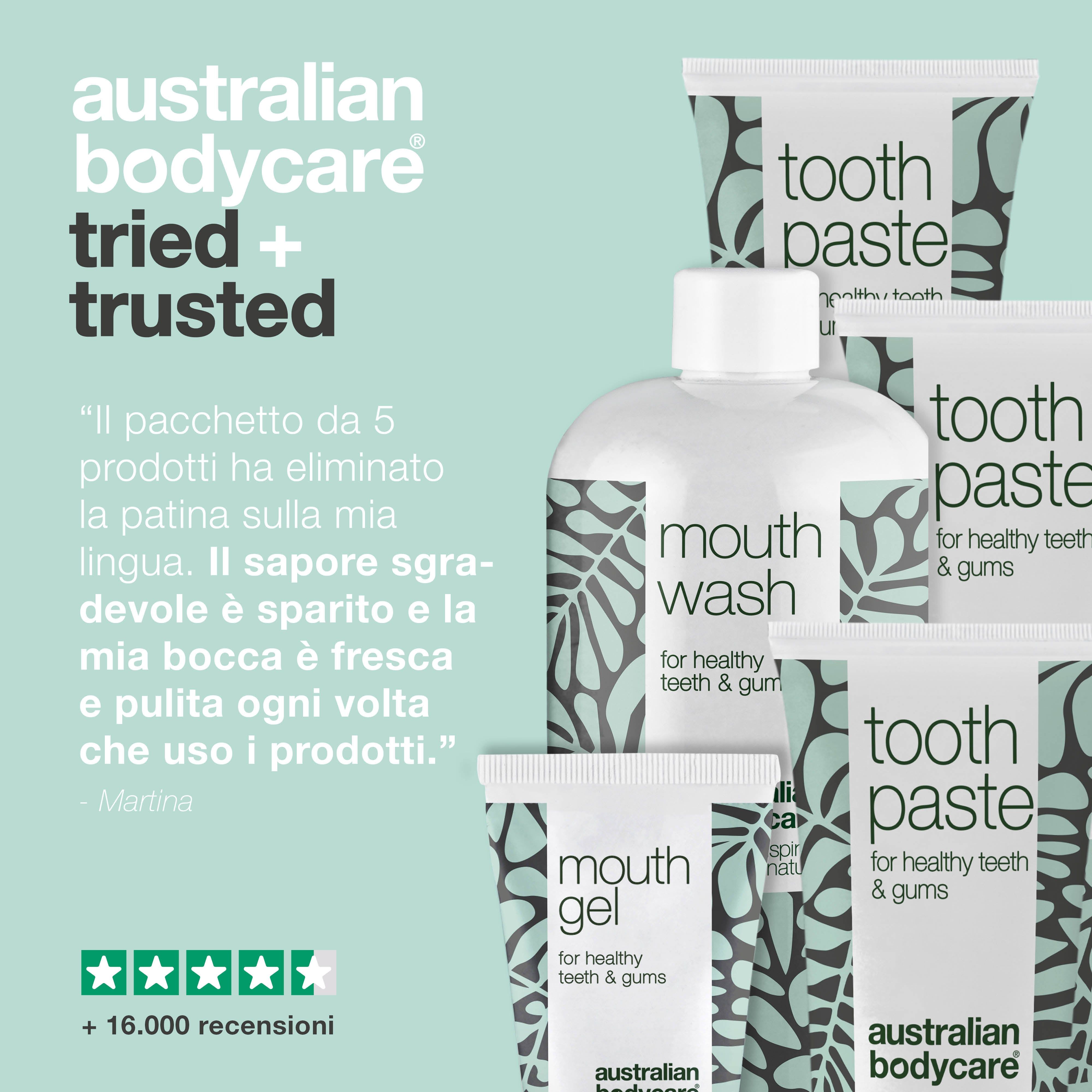 Dentifricio, collutorio e gel orale. Recensioni dei clienti. Prodotti "Australian Bodycare".