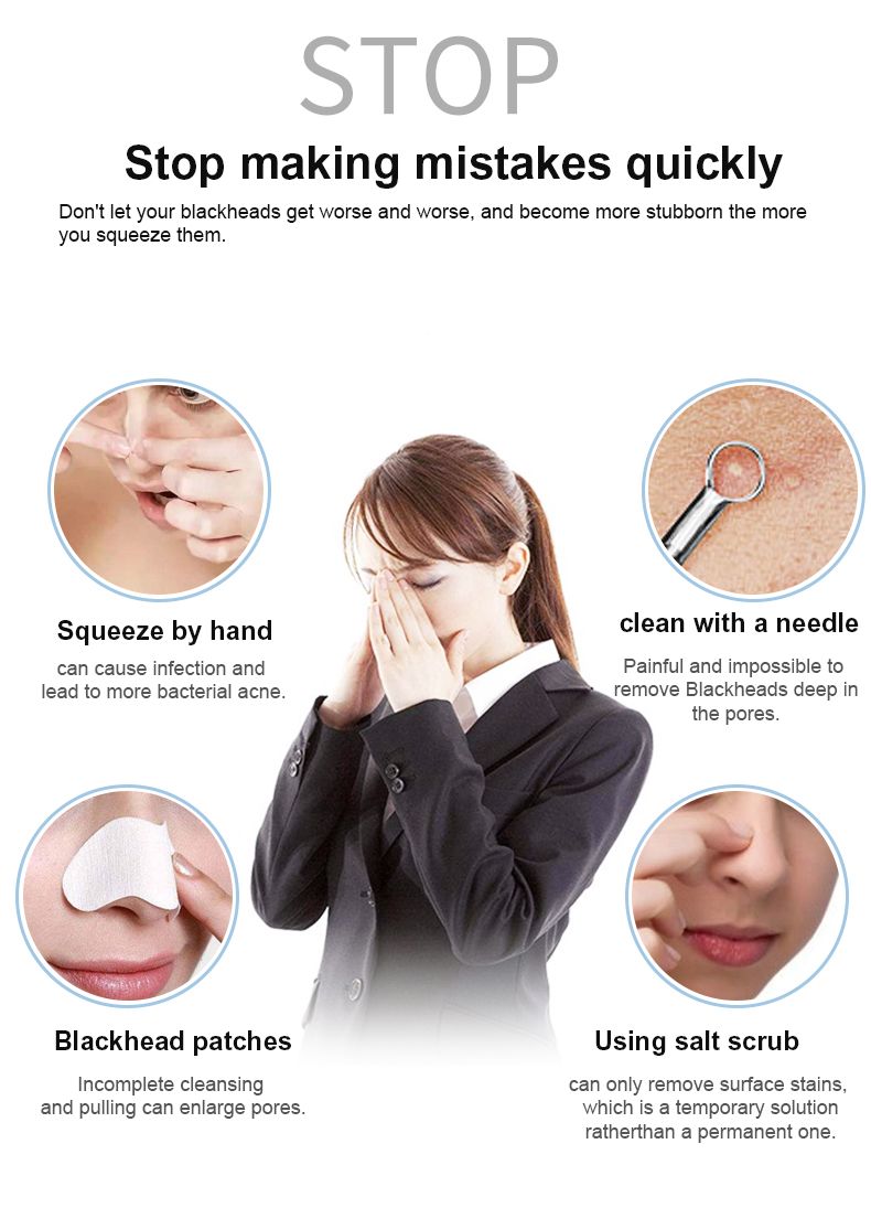 Confronto dei metodi di rimozione dei punti neri. Immagini di mani, strumenti e cerotti. Testo: Stop making mistakes quickly.