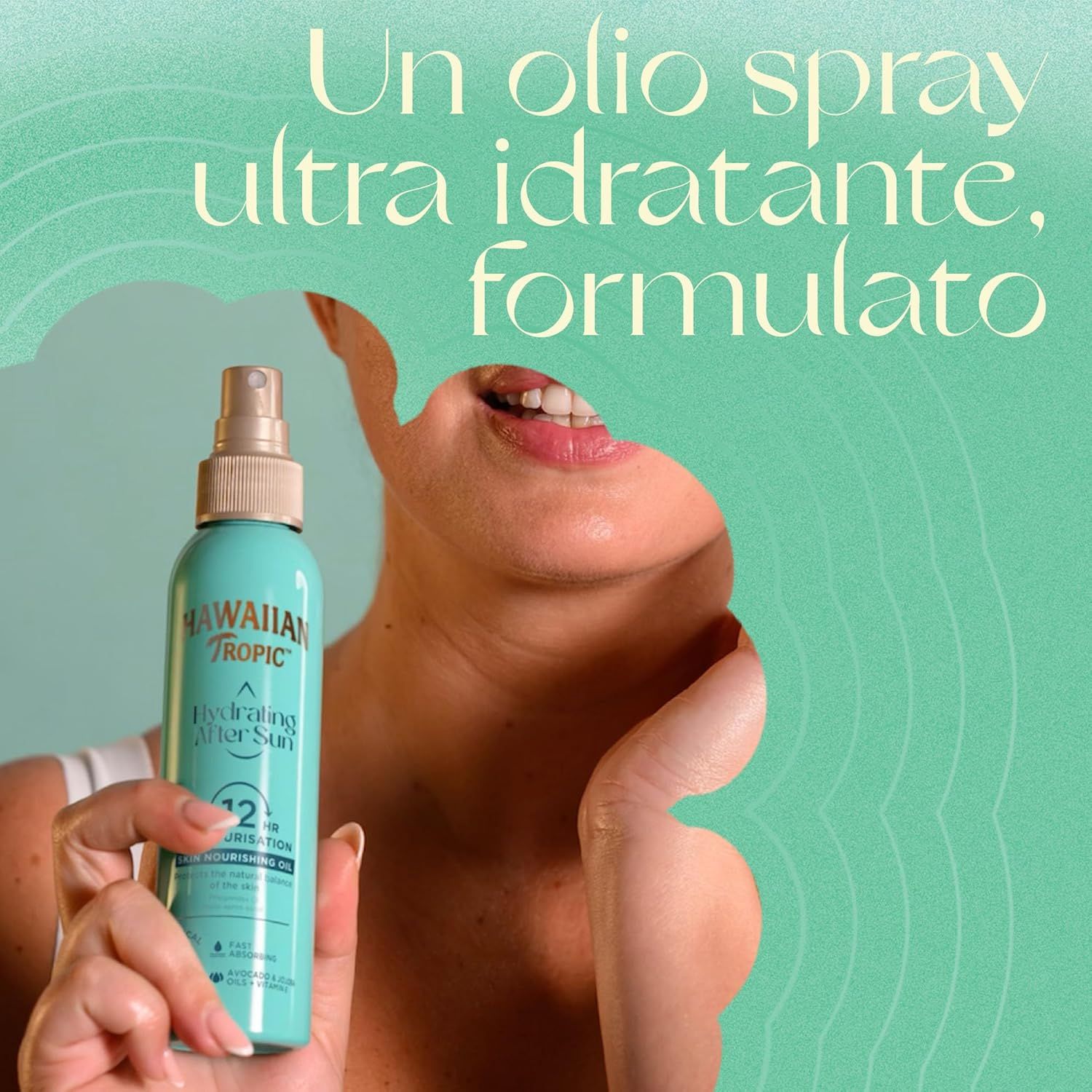 Donna tiene flacone spray. Testo: Un olio spray ultra idratante, formulato. Hawaiian Tropic, Hydrating After Sun, 12hr Moisturisation.