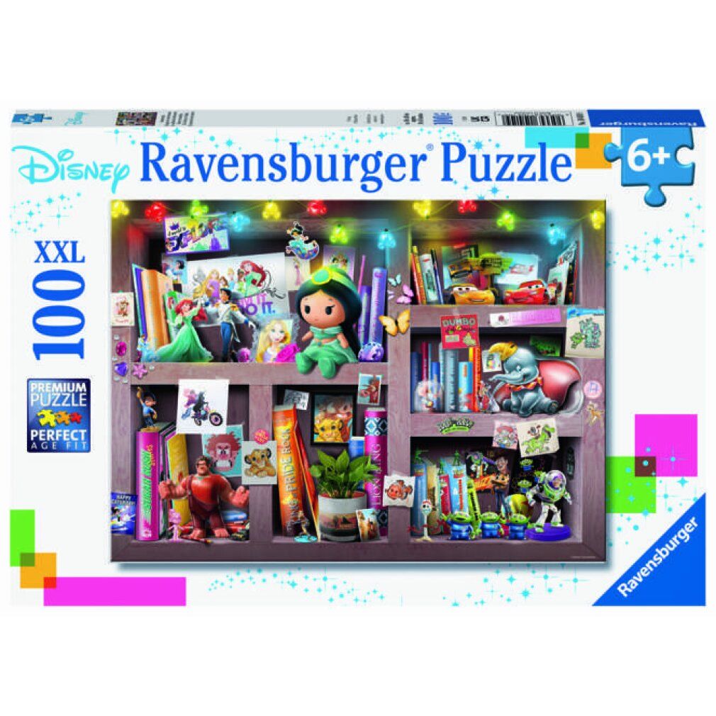 Scatola puzzle Disney. Contiene 100 pezzi XXL. Età consigliata: 6+. Marchio: Ravensburger. Confezione con elementi colorati.