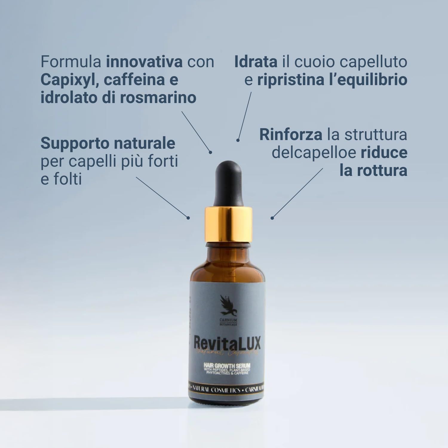 Flacone di vetro marrone con pipetta nera e tappo dorato. Nome del prodotto e logo sull'etichetta. Testo con i benefici del prodotto.