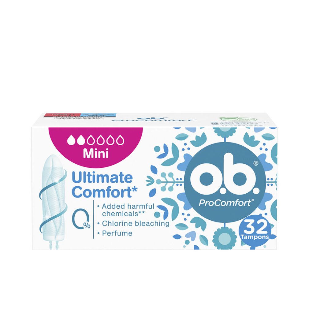 Confezione di tamponi O.B. ProComfort Mini Ultimate Comfort. 32 pezzi. Confezione bianca con immagine e testo.