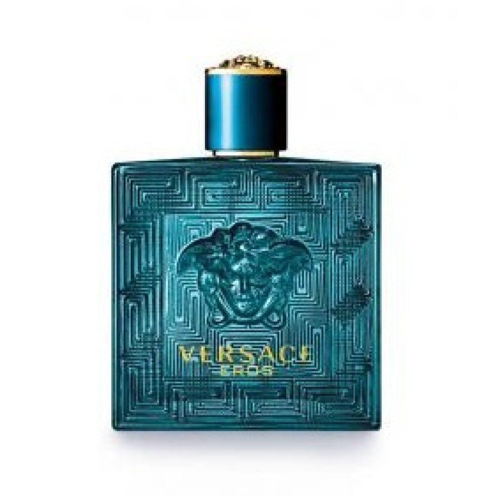 Flacone turchese quadrato. Scritta VERSACE EROS. Tappo dorato. Motivo in rilievo sul davanti.