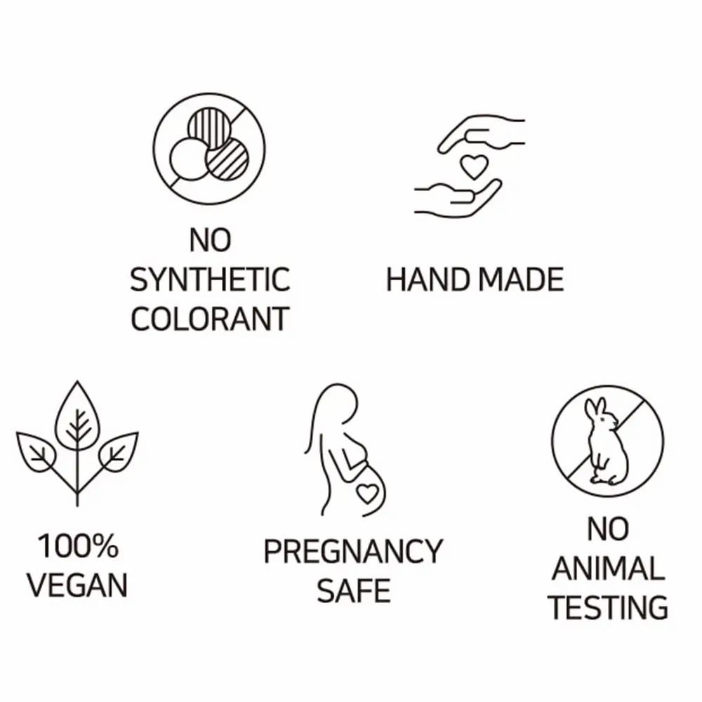 Simboli: Senza coloranti sintetici, fatto a mano, 100% vegano, sicuro in gravidanza, non testato su animali.