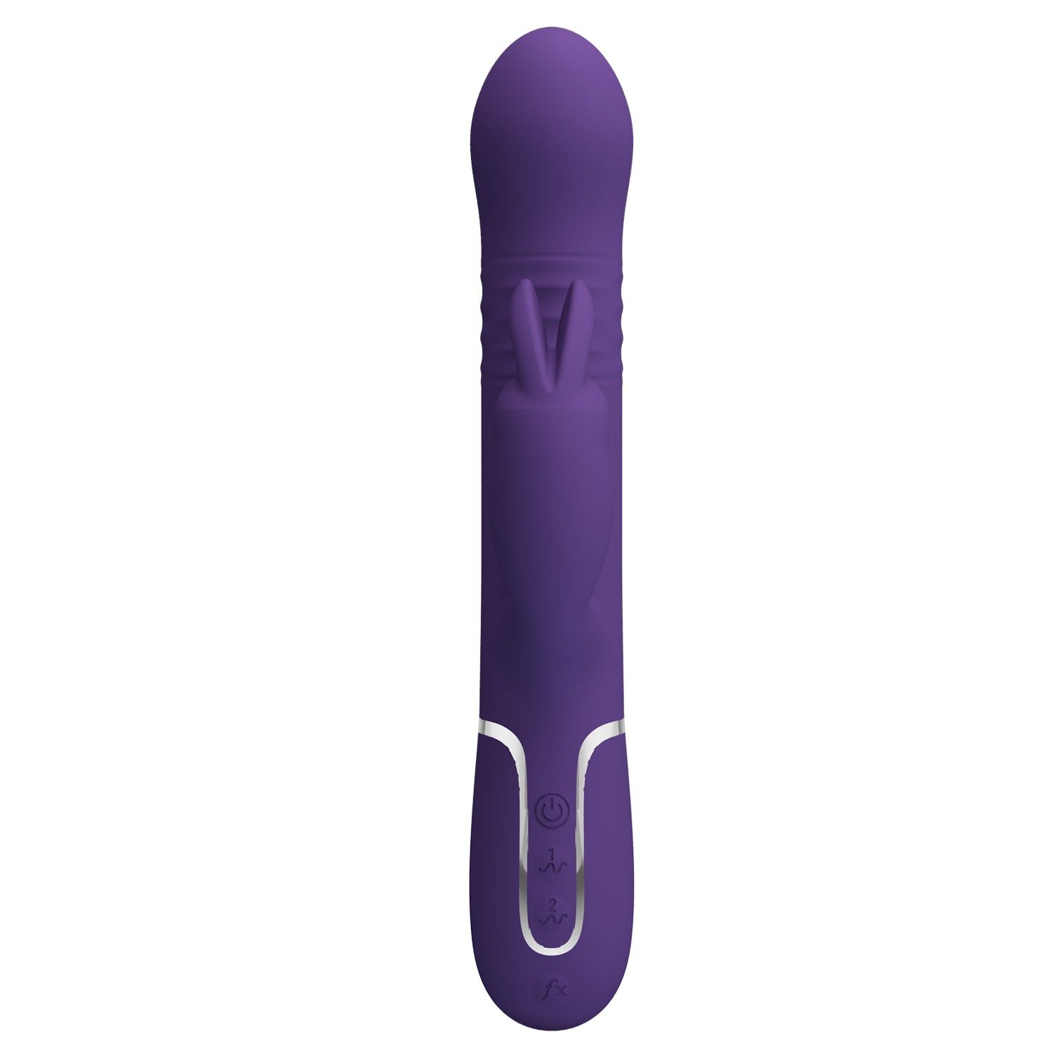 Vibratore viola con design a orecchie di coniglio. Stelo cilindrico, estremità arrotondata, pulsanti.