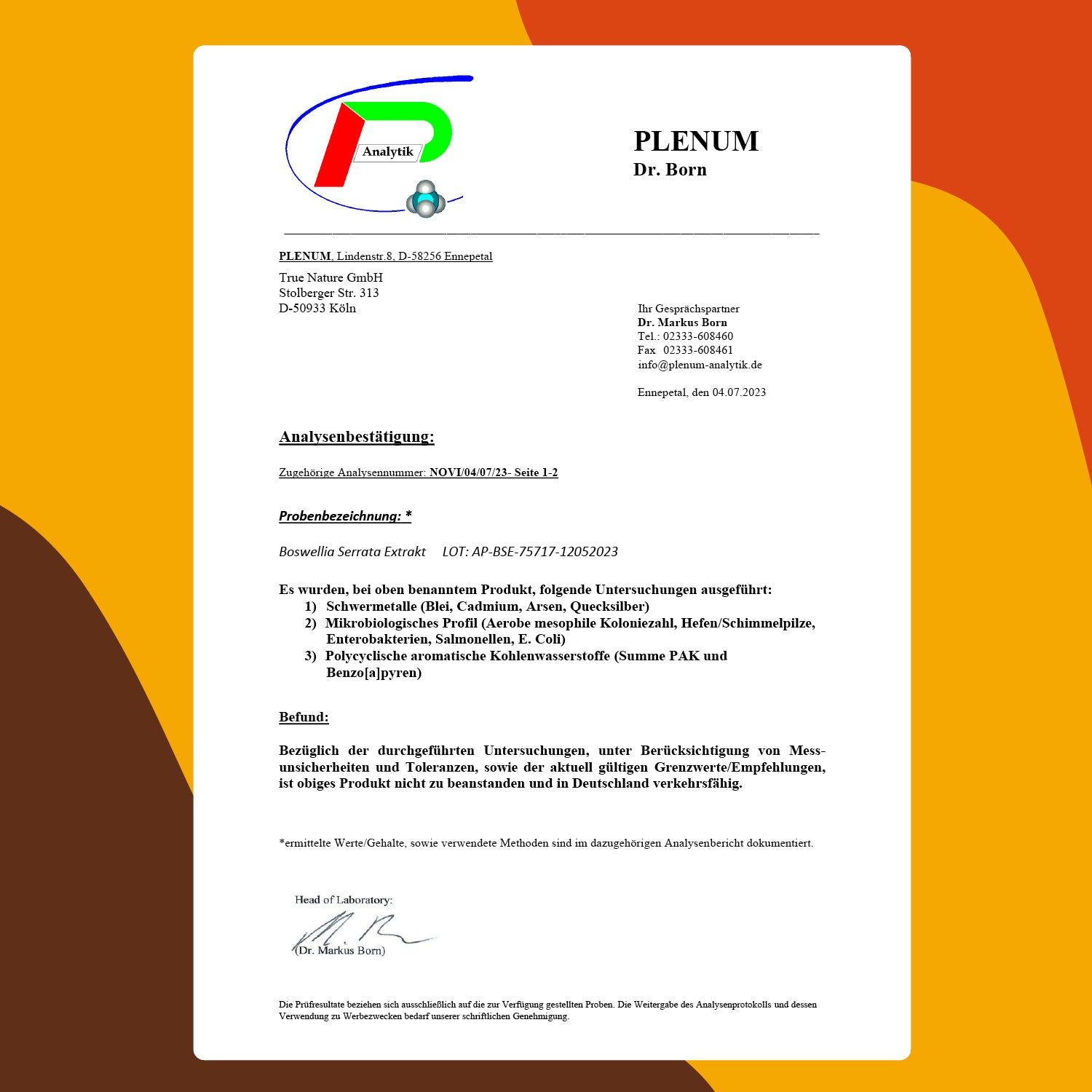 Certificato di Plenum Dr. Born. Rapporto di analisi per l'estratto di Boswellia Serrata.