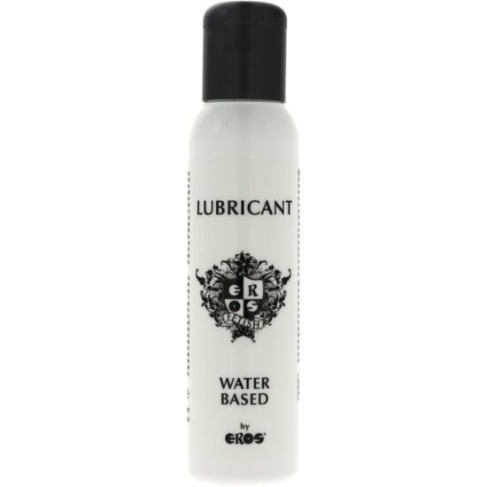 Flacone bianco con tappo nero, etichettato LUBRICANT, WATER BASED, by EROS.