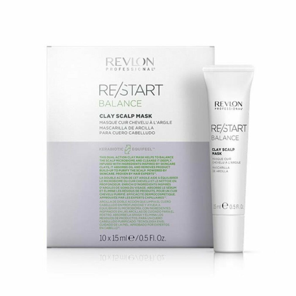 Confezione prodotto con un tubetto. Sulla confezione è scritto "Revlon Professional Re/Start Balance Clay Scalp Mask".