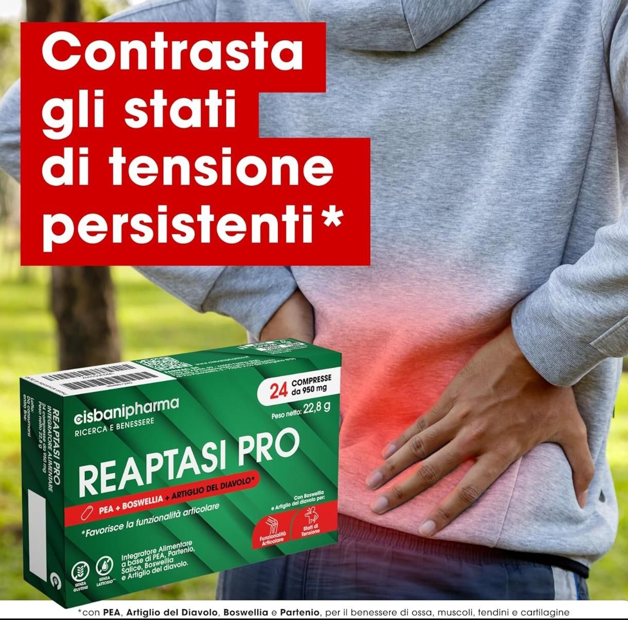 Scatola Reaptasi PRO, 24 compresse. Persona si tocca la schiena. Testo rosso: Contrasta gli stati di tensione persistenti.