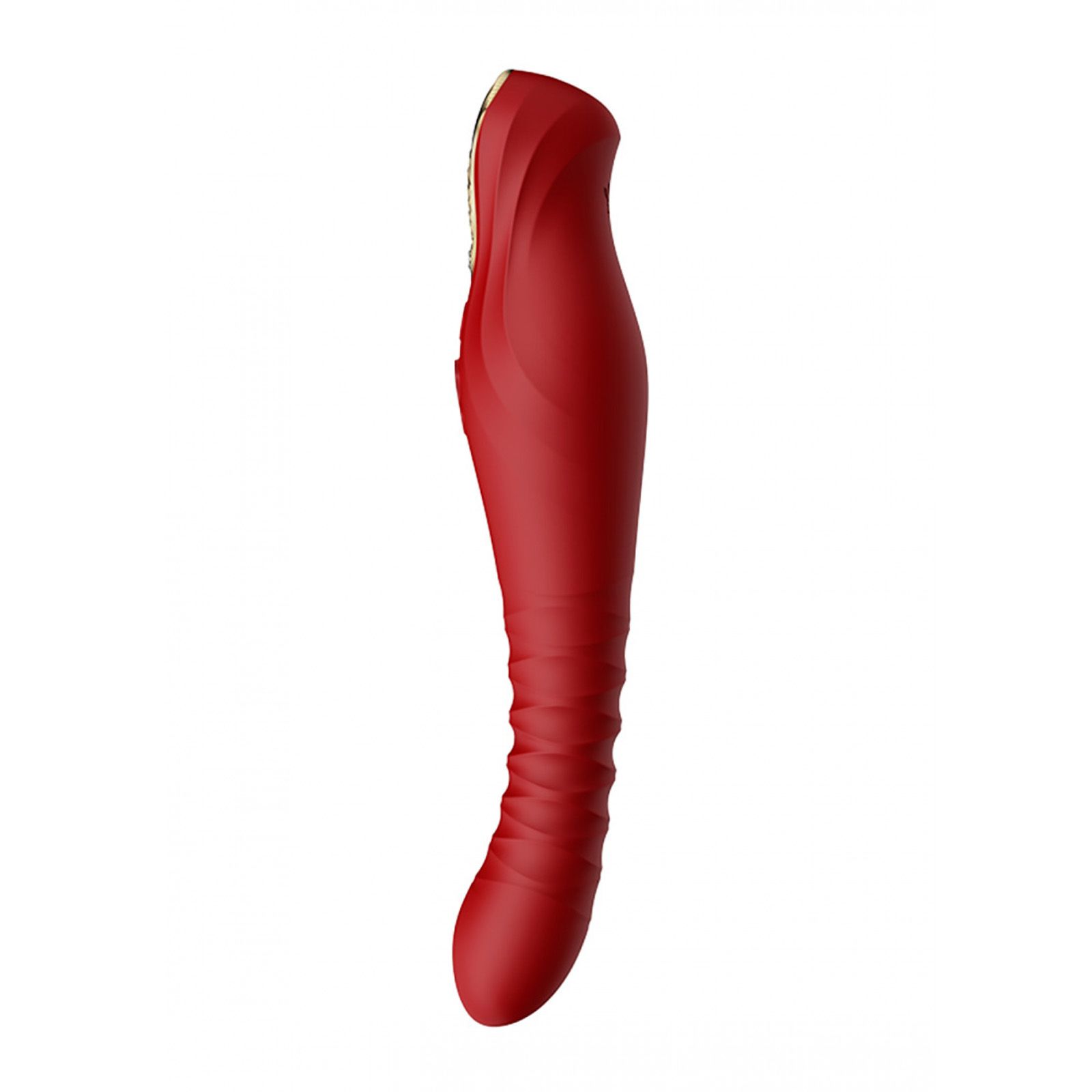 Vibratore rosso con testa dorata. Superficie scanalata sull'asta. Su sfondo bianco.