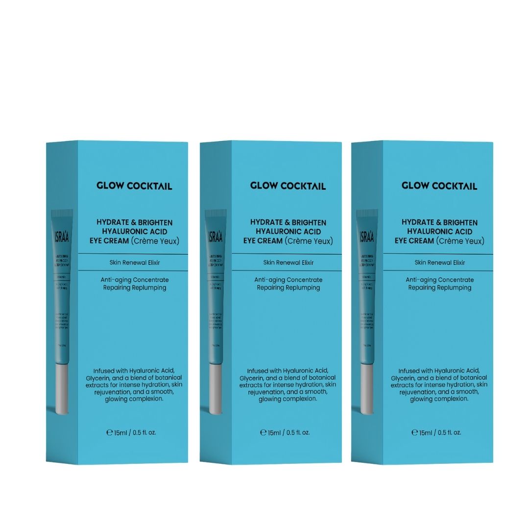 Tre scatole blu con la scritta Glow Cocktail, Hydrate & Brighten Hyaluronic Acid Eye Cream. Confezione del prodotto.