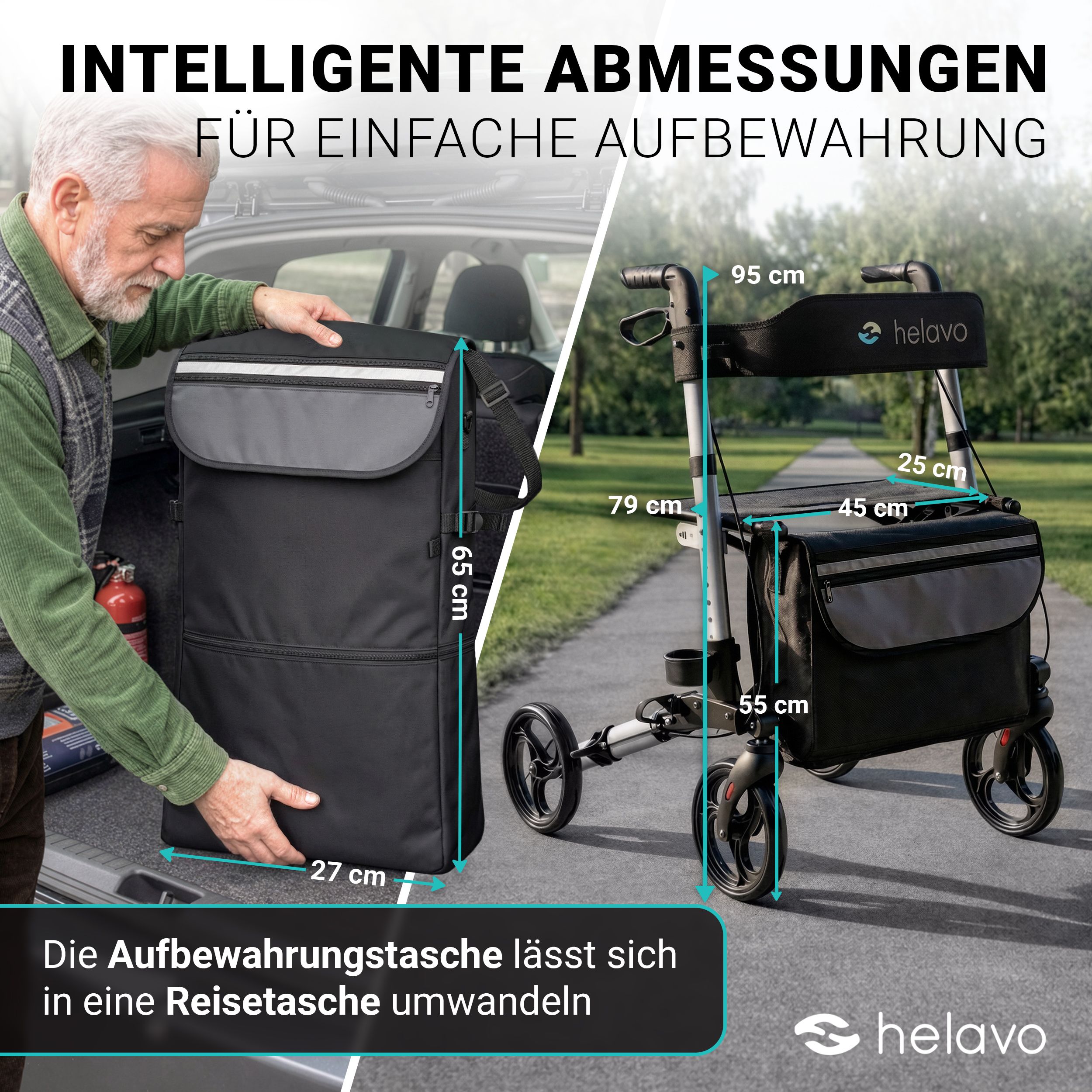 Uomo ripone rollator pieghevole (65x27 cm) in borsa da viaggio nel bagagliaio.