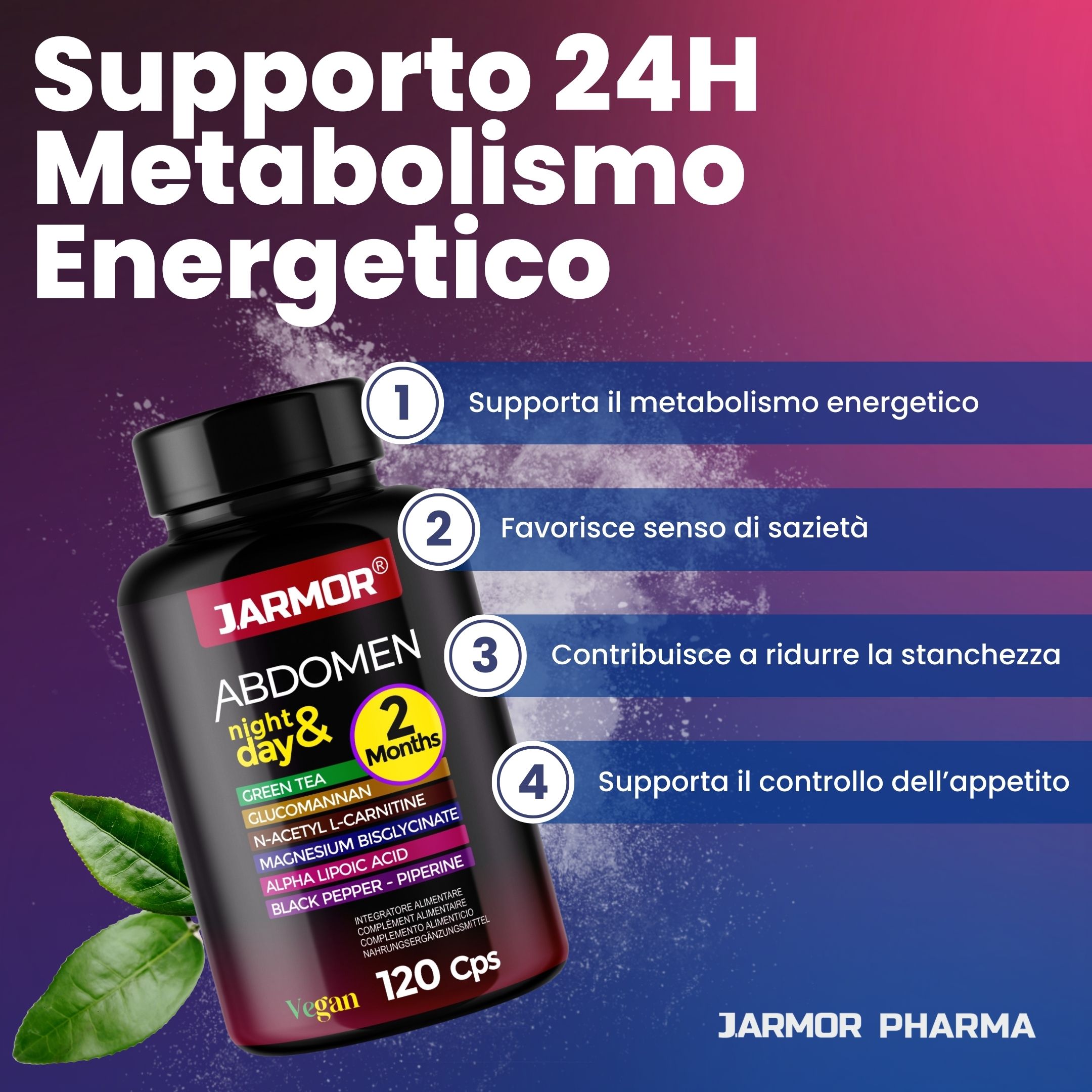 Flacone di capsule. Testo: Supporto 24H Metabolismo Energetico. 4 punti: Supporta il metabolismo energetico, ecc. JARMOR PHARMA.