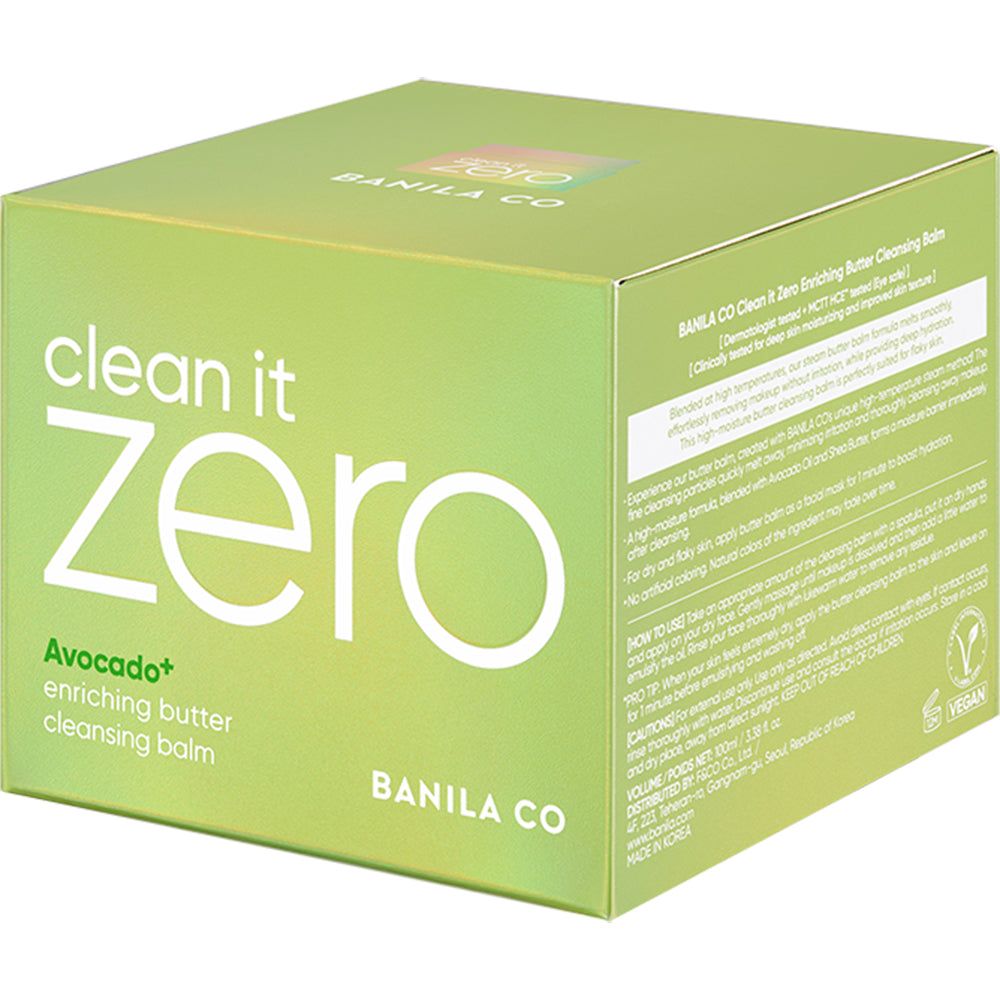 Scatola di cartone verde per "Clean It Zero Avocado+ Enriching Butter Cleansing Balm".