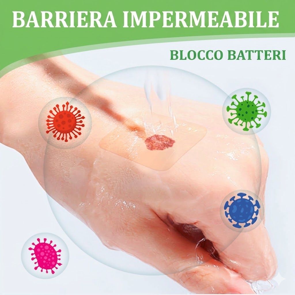 Cerotto su una mano. Protegge dai batteri. Quattro rappresentazioni colorate di batteri intorno al cerotto.