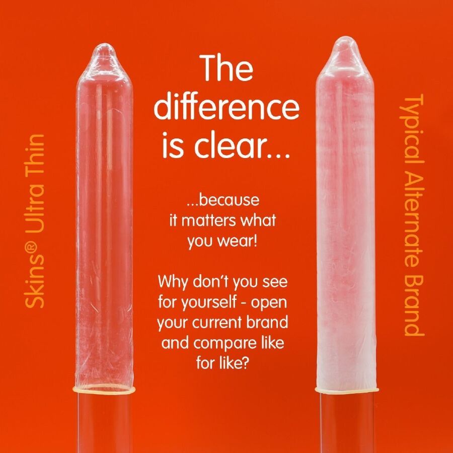 Due preservativi trasparenti, Skins Ultra Thin a sinistra, altro marchio a destra. Testo: The difference is clear... because it matters what you wear!