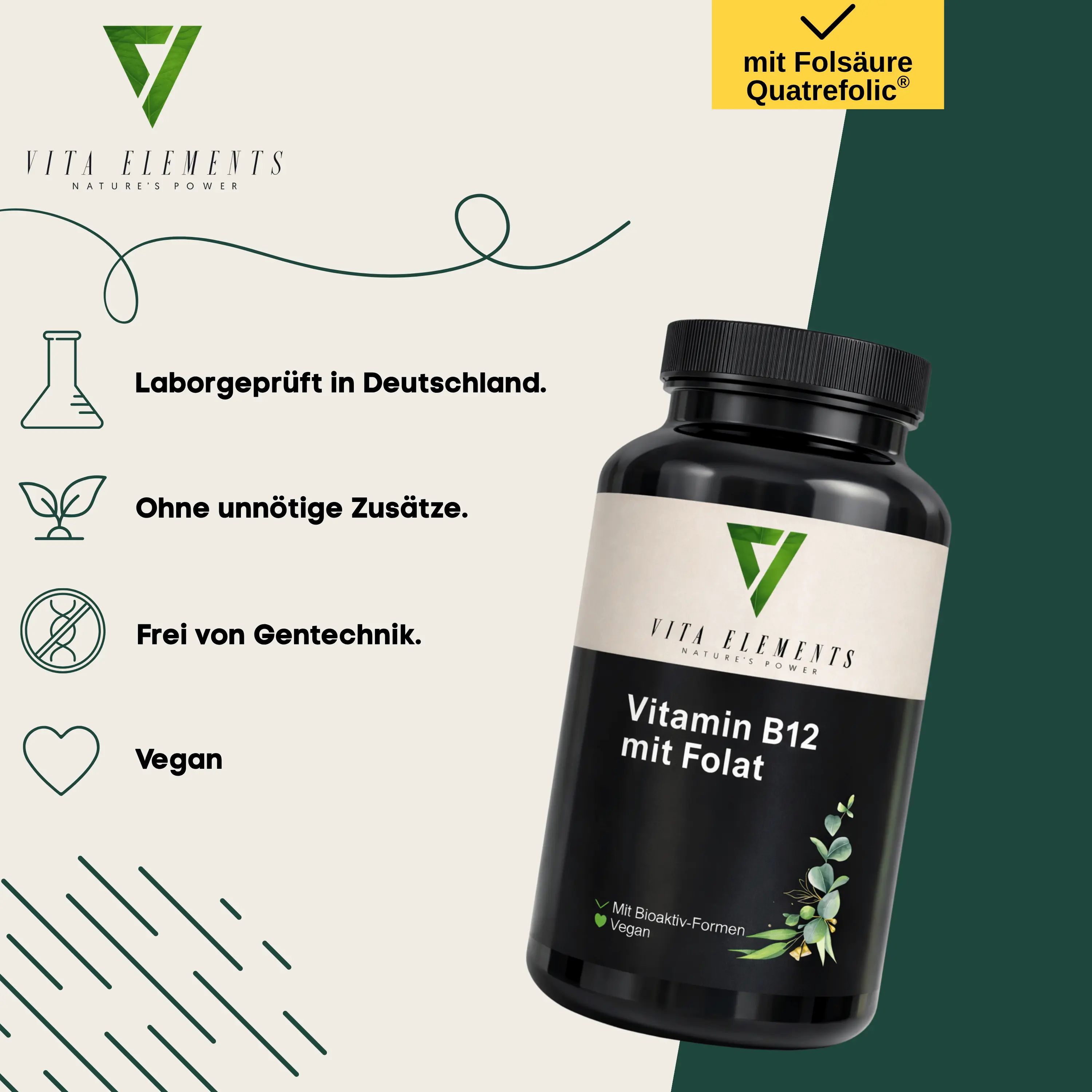 Flacone Vita Elements Vitamina B12 con Folato, con icone per test di laboratorio, vegan e senza OGM.