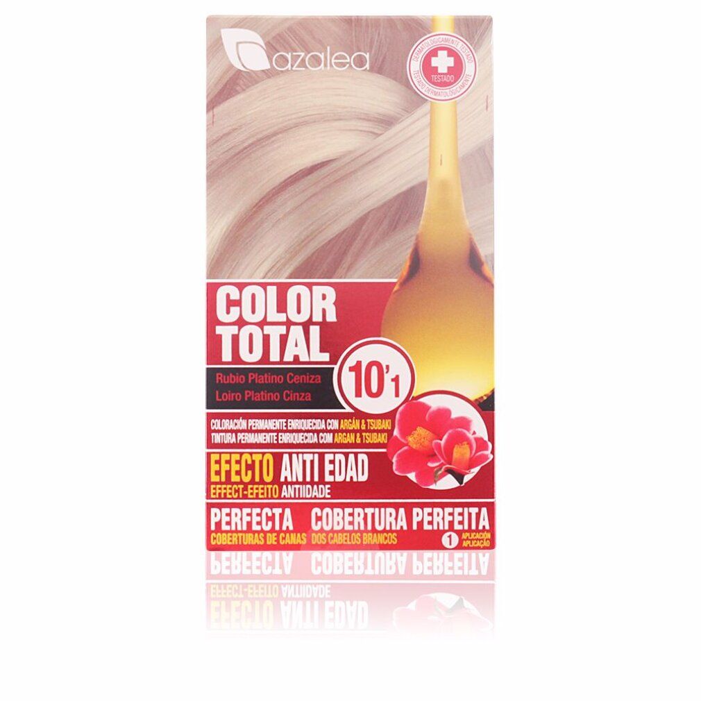 Confezione di tinta per capelli. Logo "Azalea". Scritta "Color Total". Tonalità 10.1 Biondo Cenere Capelli Platino. Accento rosso con camelie.