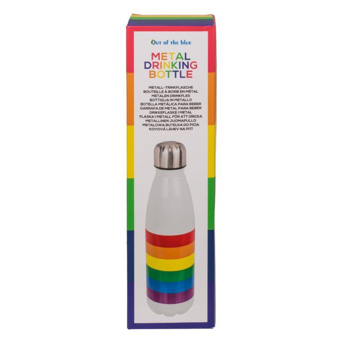 Borraccia in metallo bianca con strisce arcobaleno nella confezione. Testo: METAL DRINKING BOTTLE.