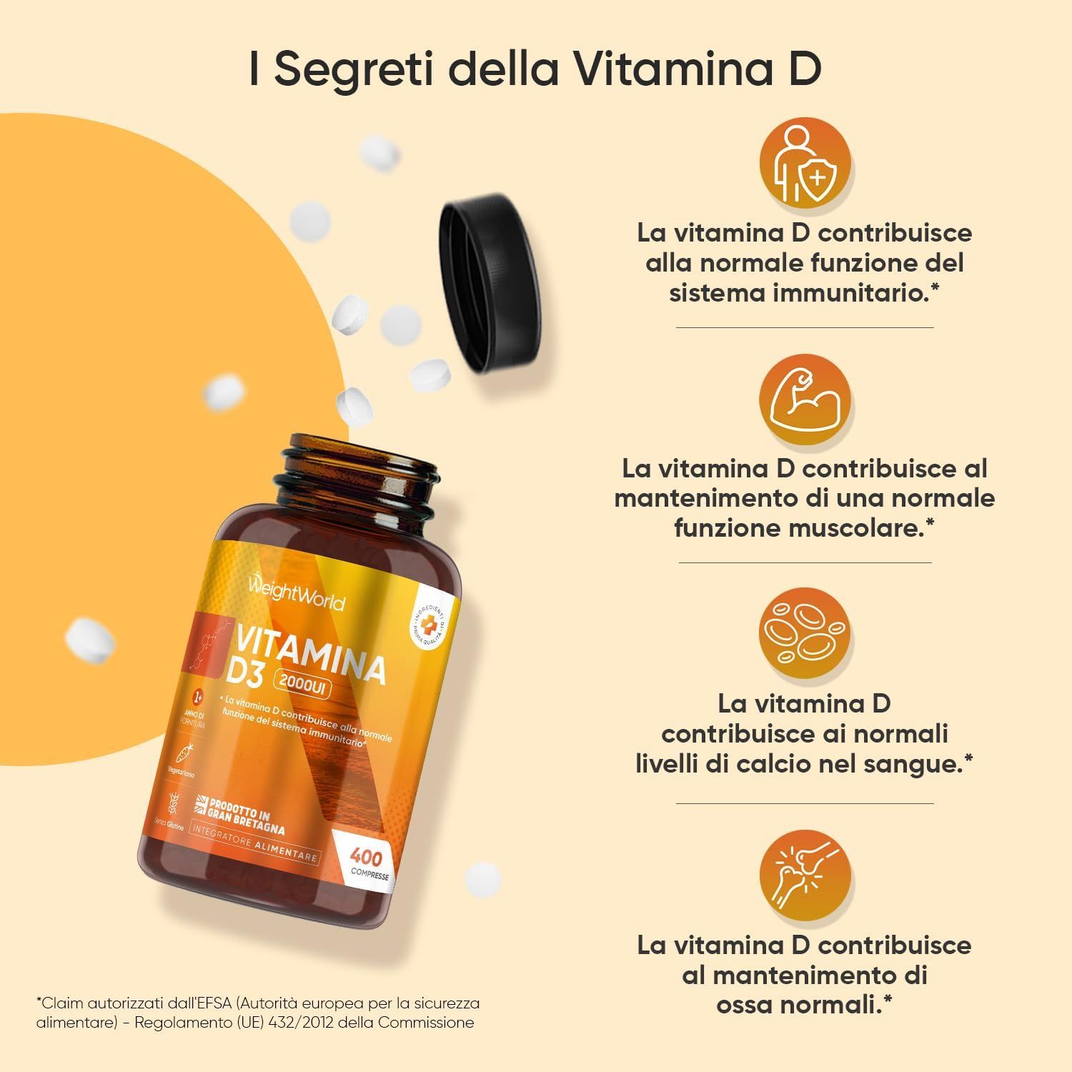 Flacone aperto di vitamina D3 2000IE. Testo: Vitamina D per sistema immunitario, muscoli, livelli di calcio e ossa. 400 compresse.