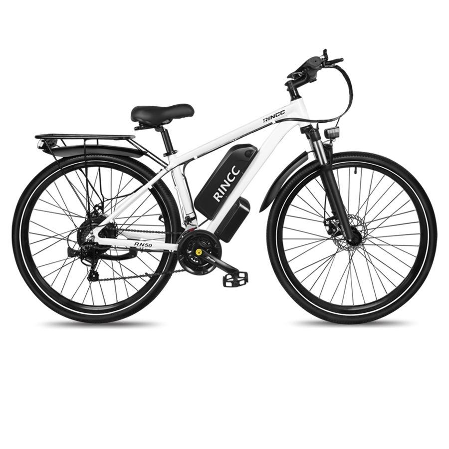 Mountain bike elettrica bianca con pneumatici neri, batteria e portapacchi. Marchio Rincc, modello RN50. Sella nera.