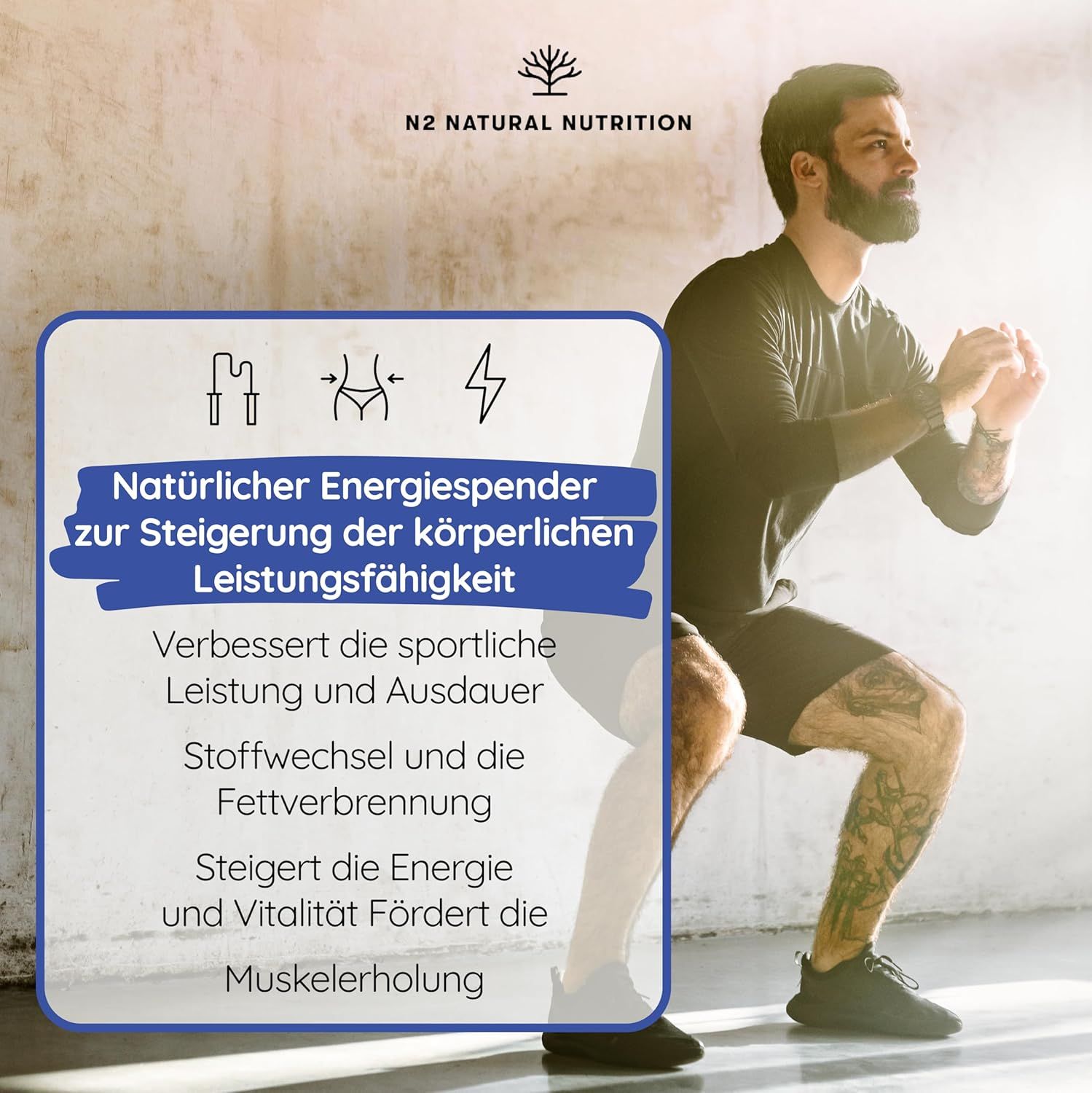 Uomo durante l'allenamento. Testo: Fonte di energia naturale per aumentare le prestazioni fisiche. Migliora la resistenza.