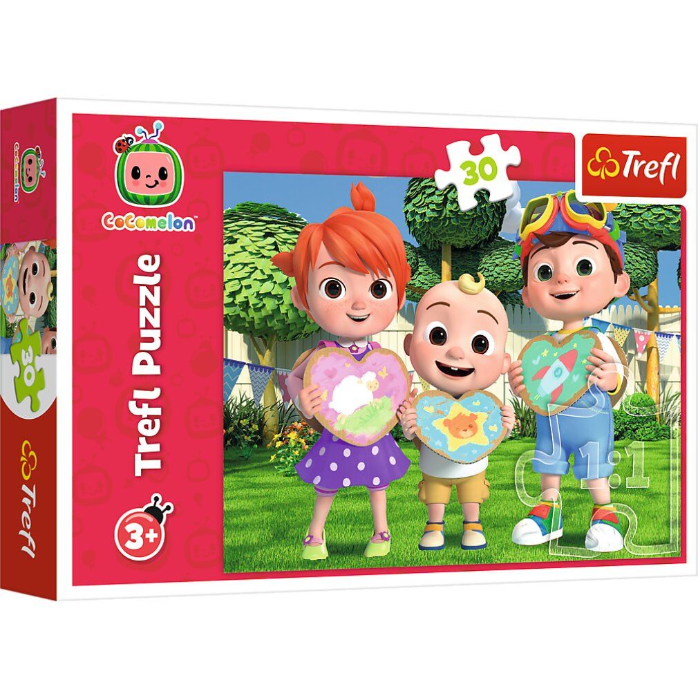 Trefl Puzzle Cocomelon: Giochiamo, 30 pezzi. Confezione rossa con personaggi Cocomelon. Logo Trefl e raccomandazione d'età 3+.
