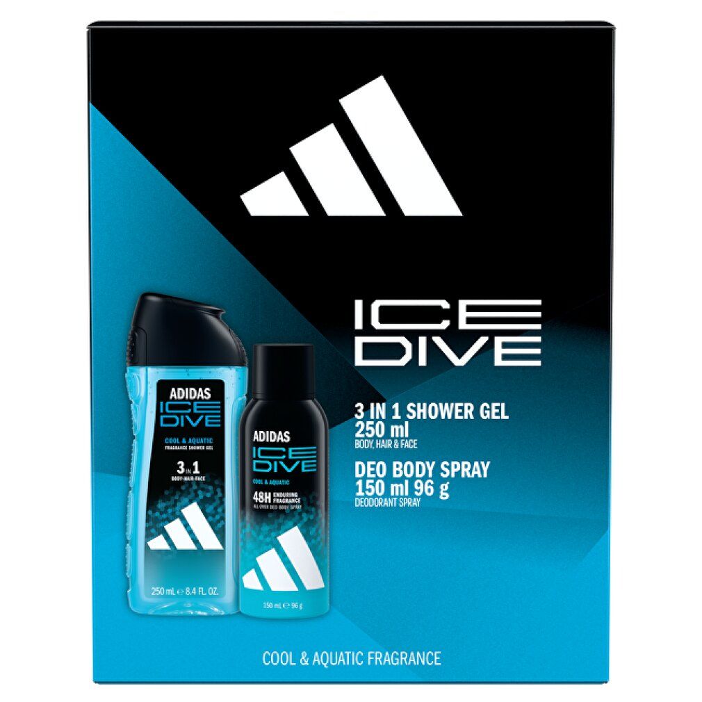 Confezione regalo Adidas Ice Dive. Gel doccia e spray deodorante. Confezione nera con logo Adidas e scritta Ice Dive. Flaconi blu.