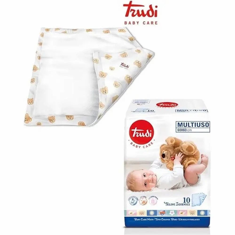 Traversa e confezione Trudi Baby Care. Confezione: 60x60 cm, 10 pezzi. Bambino con orsacchiotto.