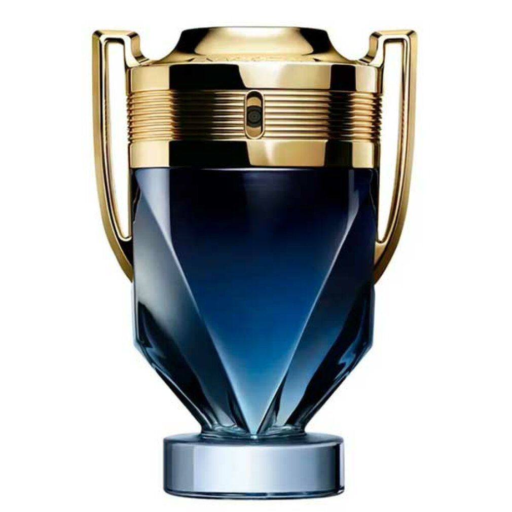 Flacone di profumo blu e oro, a forma di coppa. Design sfaccettato.