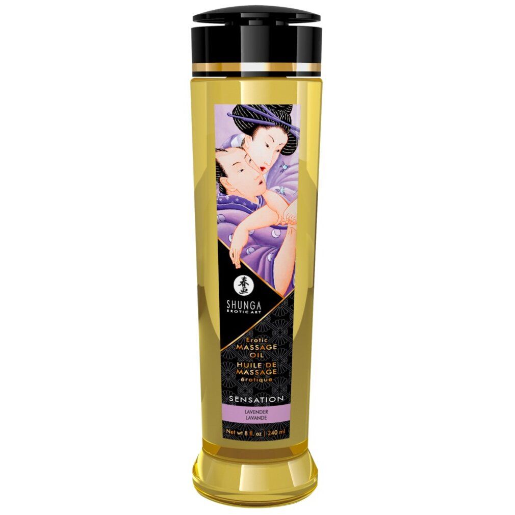 Flacone cilindrico di olio per massaggi. Stampa con illustrazione e testo. Tappo nero. Base dorata.