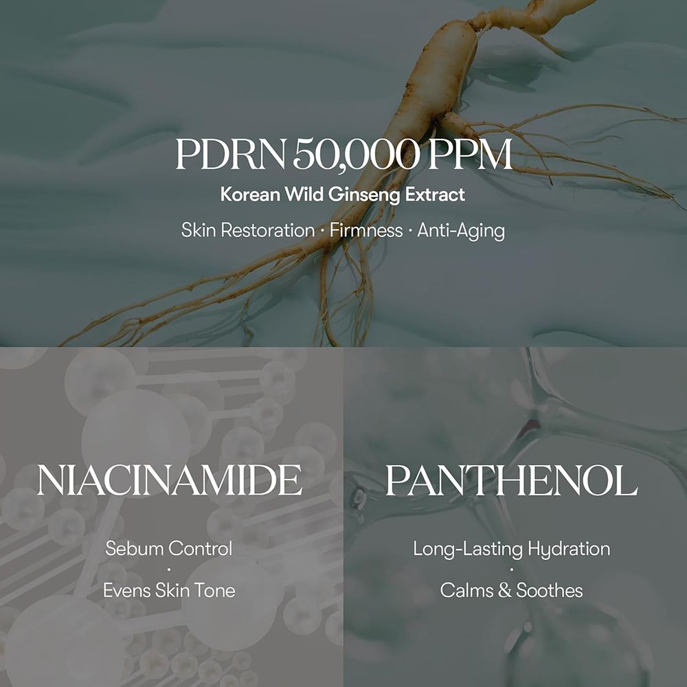 Testo con PDRN 50.000 PPM, estratto di ginseng selvatico coreano, niacinamide e pantenolo.