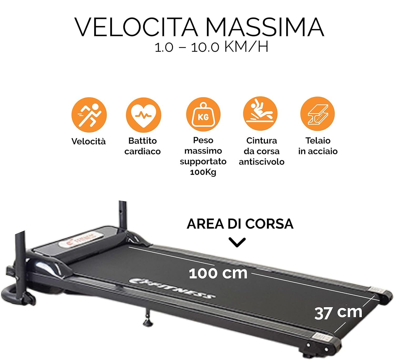 Tapis roulant con testo: 'Velocità Massima 1.0 - 10.0 KM/H'. Simboli per velocità, frequenza cardiaca, peso, ecc.