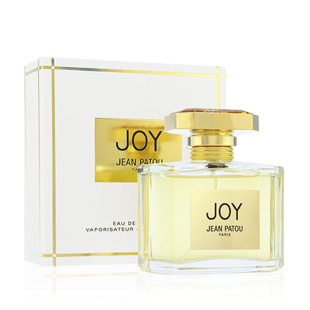 Jean Patou Joy E.d.T. Vapo. Flacone e confezione. Flacone rettangolare con tappo dorato. Confezione con "JOY" e "JEAN PATOU PARIS".